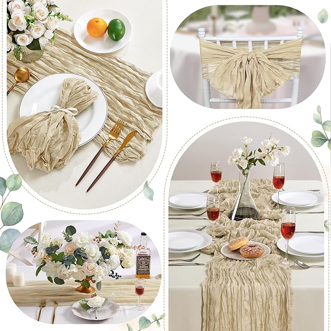6 Pack Beige Mother’s Day Cheesecloth Table Runner 10FT Long Easter Spring Boho Gauze Table Runner Rustic Sheer Runner for Wedding Bridal Baby Shower Birthday Party Table Decor Home Easter Decor