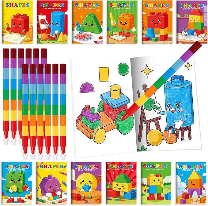 BenLouis 24 Building Block Mini Coloring Books Kids with 24 Stacking Crayons Geometric Shapes Party Favors Activity Books Bulk for Kids Building Goodie Bag Gift Stuffer Classroom Reward