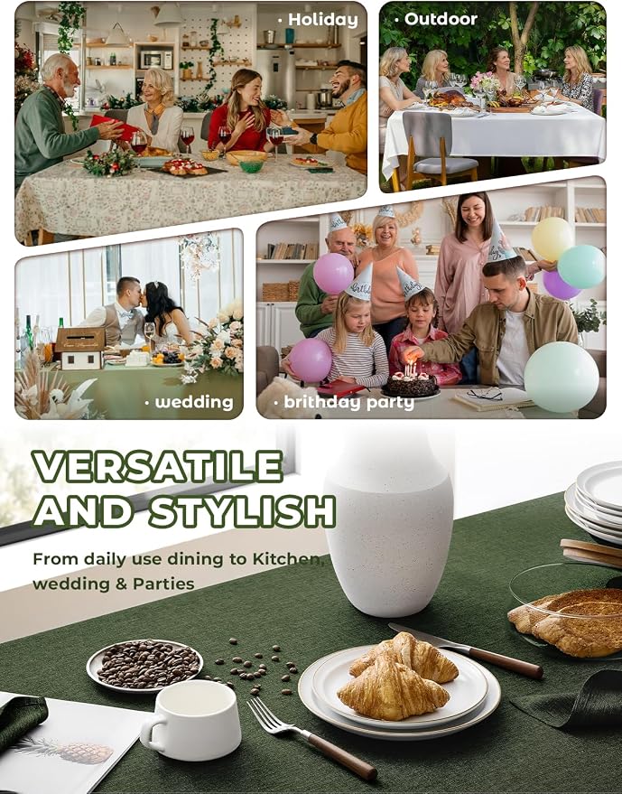 Decorelia Faux Linen Farmhouse Table Cloth 60"x84" for 4-6 ft Rectangle Table, Dark Green Waterproof Outdoor Washable Tablecloth for Rectangular Dining Room Kitchen Outdoor Party Restaurant Decor