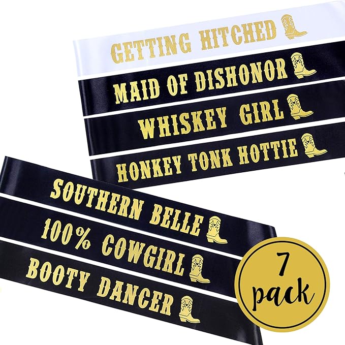 Pop Fizz Designs Nashville Bachelorette Party Sashes | 7 Pack | Includes 1 Bride Sash “Getting Hitched” | 6 Funny Bride Tribe Sashes for Bridal Party