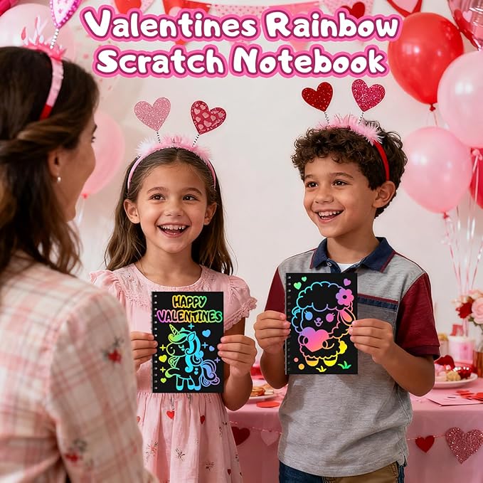 Scratch Art Party Favors for Kids: 24 Pack Valentines Rainbow Scratch Art Notebook Classroom School Party Supplies Bulk for Girls Boys Goodie Bags Stuffers, Valentines Day Gifts for Kids Classroom