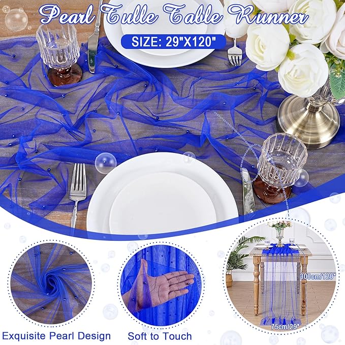 LuoluoHouse Pearl Tulle Table Runner Fabric: Dark Blue 10ft Wedding Veil Seasonal Dessert Chiffon Pearl Lace Boho Overlay Independence Day Wedding Aisle Runner Party Decorations Doilies