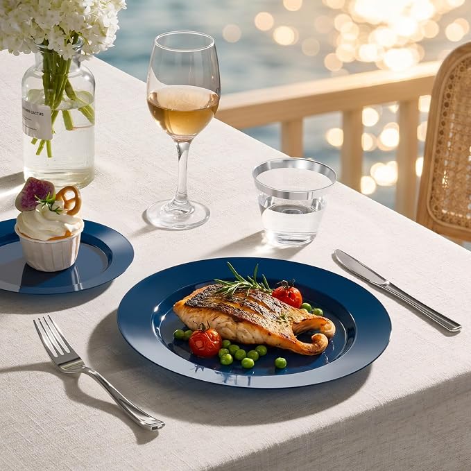 BESTVIP 200 Pack Premium Navy Blue Plastic Plates - 100 Dinner Plates 10.25" & 100 Dessert Plates 7.5" - Heavy Duty Disposable Plates for Graduation, Wedding, Holiday & Catering