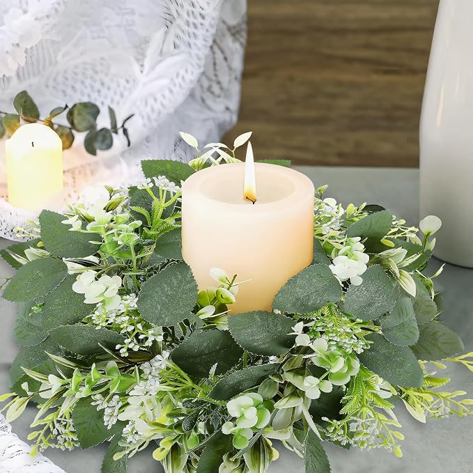 4 Pack 10 Inch Eucalyptus Candle Rings, Greenery Candle Rings Wreaths for Pillar Candles, Artificial Floral Candle Rings for Wedding, Farmhouse, Table Centerpieces Decor