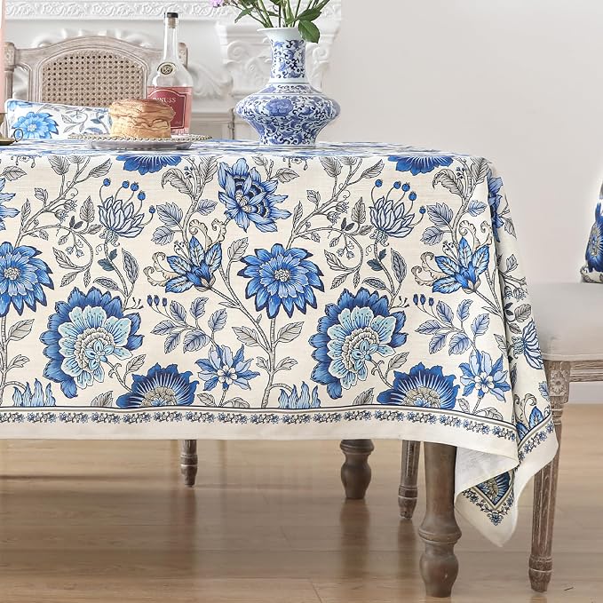 ISAENNE Designer French Linen Rectangular Tablecloth,118"x67"-Blanch | Chinoiserie Vintage Elegant Long Table Cloth Rectangle Table,Blue Floral Pattern,Beautiful,Dining,Kitchen,Thanksgiving