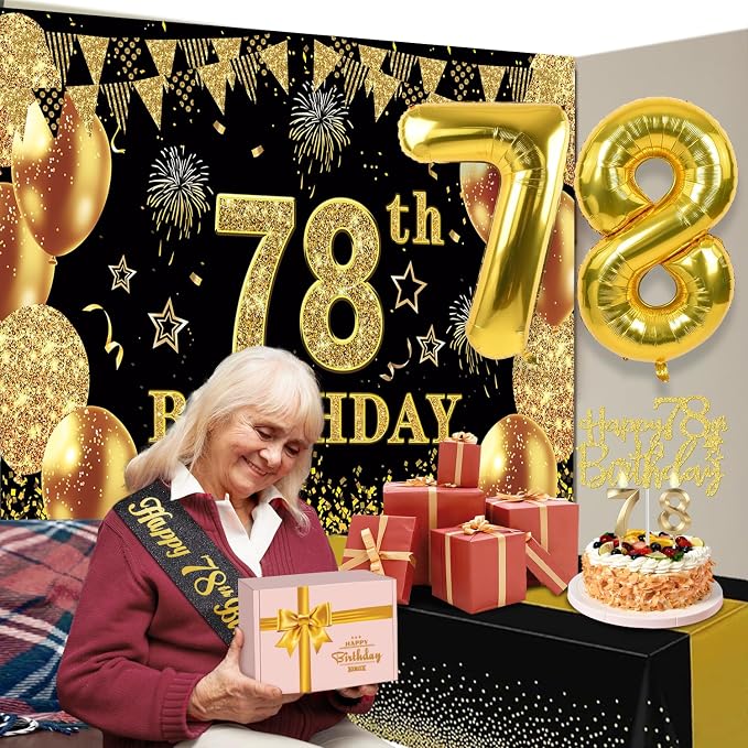 78th Birthday Decorations Men Women with 78th Birthday Banner, Black and Gold Table Cloth, Number Balloons,Sash, Cake Topper and Candles
