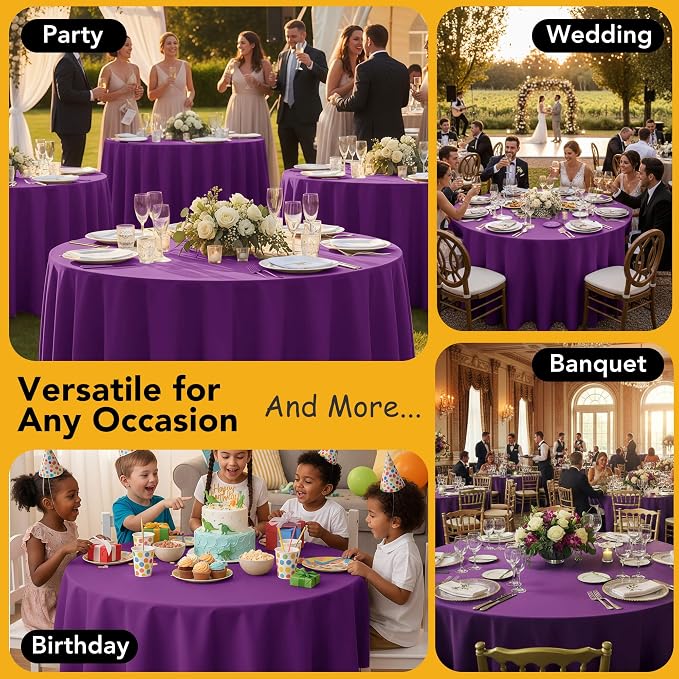 6-Pack Purple Round Tablecloths, 120 Inches, Stain-Resistant Polyester for 5-6 Ft Round Tables - Washable Table Covers for Weddings, Banquets, Birthday Parties, Events
