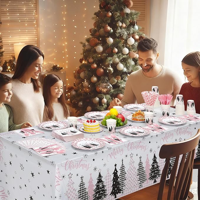 Funnymoom 452 Pcs Pink Christmas Party Decoration for 50, Buffalo Plaid Gingham Pink Xmas Tree Paper Plates Napkins Cups Tablecloth Cutlery Straws for Friendsmas Holiday Baby Shower Party Supplies