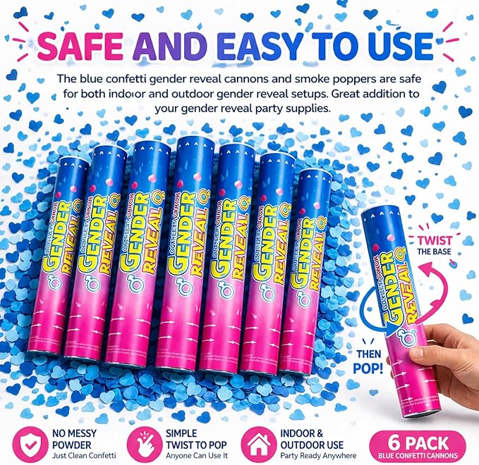 Gender Reveal Confetti Cannons – 6 Pack Blue Party Poppers – Baby Boy Gender Reveal Cannon Kit with Heart-Shaped Confetti – Easy Twist Shooters for Baby Reveal Party Decorations