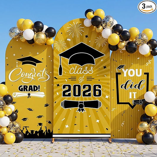 WovWeave Graduation Arch Backdrop Stand Cover Set of 3-4ft 5ft 6ft Grad Arch Cover Photo Booth Backdrop Decorations for Graduation Party Decor Supplies(Yellow Black,Class of 2026)