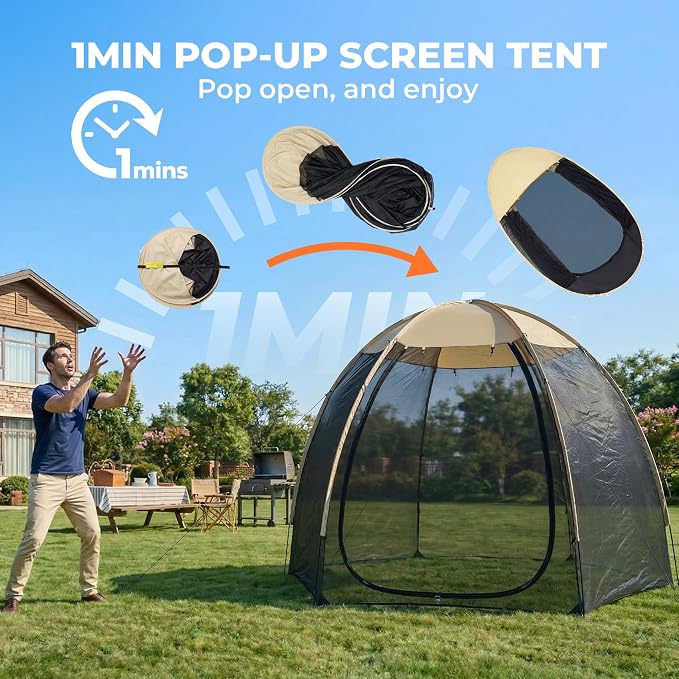 Alvantor® Screen House Mesh Tent, 10 x10 FT Pop Up Outdoor Gazebo with Sun Shade Mosquito Net for Backyard Garden, Beige