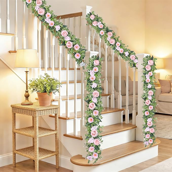 Betylifoy 2 Pack 12Ft Pink Flower Garland Artificial Eucalyptus Flower Garlands Fake Peony Rose Floral Vines Silk Hydrangea Hanging Vine Greenery Garland for Wedding Party Table Wall Backdrop Decor
