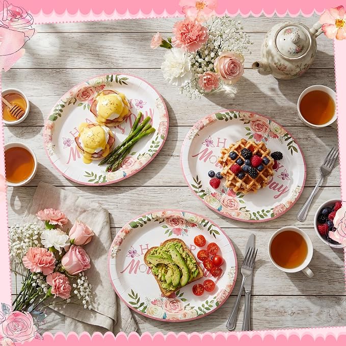 Jenaai 100 Pcs Mothers Day Oval Paper Plates Mothers Day Party Decorations 12.6" x 10.6" Happy Mother's Paper Plates Heavy Duty Plate Floral Disposable Tableware Set for Mother's Party Supplies