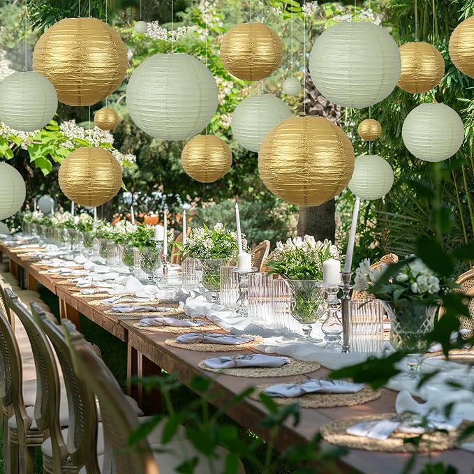 20Pcs Paper Lanterns Decorative, Sage Green and Gold Round Hanging Paper Lanterns Decorations for Rustic Party Bridal Shower Wedding Birthday Home Decor