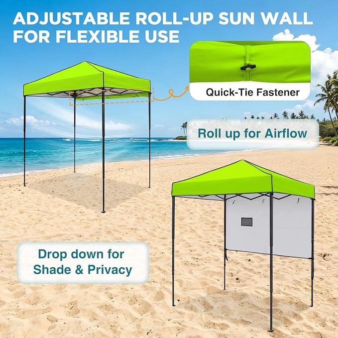 EAGLE PEAK 6x4 Instant Pop Up Canopy Tent with 1 Half Wall Panel, Straight Leg Sun Shelter, Portable Canopy with Carry Bag for Camping, Beach & Sports, Neon Green