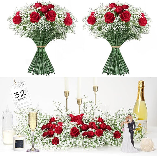 Fanfantoey 20Pcs Babys Breath Artificial Flowers Bulk, 12Pcs Fake Red Roses, DIY Wedding Flowers Bouquet, Realistic Faux Silk Flowers for Home Table Decor