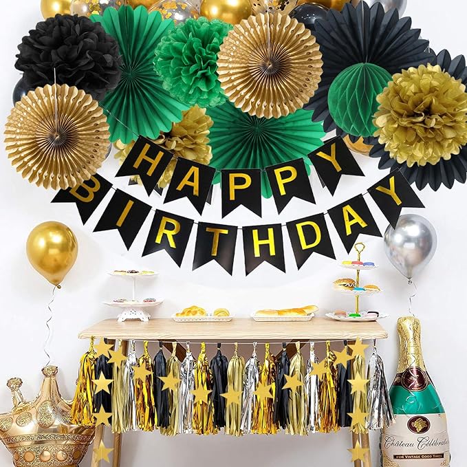 Green Black Gold Birthday Decorations with Happy Birthday Banner Hanging Paper Fans Pom Poms Gold Star Garlands for Men Women Green Black Birthday Decorations