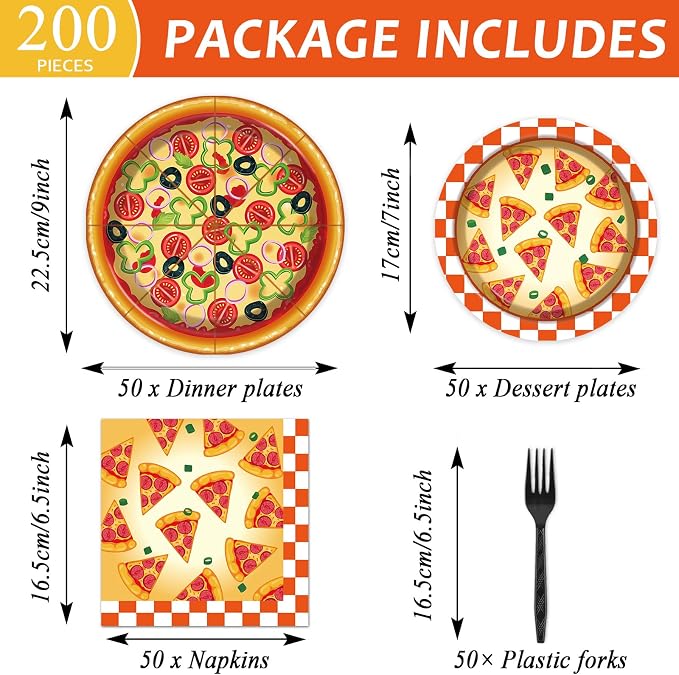 50 Guests Pizza Plates and Napkins Party Supplies Pizza Birthday Party Decorations Disposable Tableware Set Pizza Dinnerware Favor for Kids Boys Girls Baby Shower Picnics, 200PCS