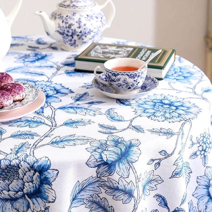ISAENNE Designer French Linen Round Tablecloth,Diameter 55"-BlueWilow | Chinoiserie Vintage Elegant Table Cloth,Blue Floral Pattern,Beautiful,Dining Room,Kitchen,Tea Party,Thanksgiving,Decor