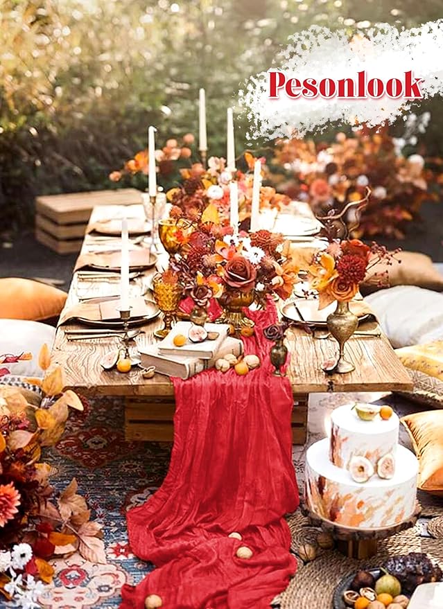 12 Pack Red Cheesecloth Table Runner, 10FT Cheesecloth Rustic Boho Table Runner Long Romantic Semi Sheer Table Runner for Wedding Baby Shower Birthday Bridal Party Decorations(21.5×120 Inch)