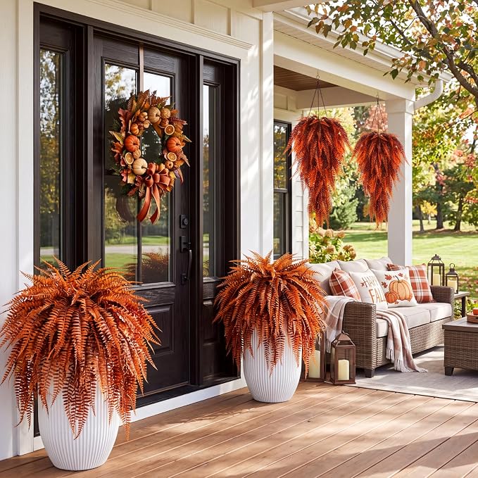 Daifunli 8 Pcs Artificial Fall Hanging Plants Fake Hanging Ferns Plastic Autumn Faux Plants for Wall Room Garden Garland Indoor Outdoor Decor No Basket (Fall Boston)