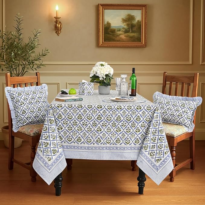 Ridhi Light Steel Blue Hand Block Print Cotton Rectangle Tablecloth 108" x 60" inches Reusable Table Cover Decorative Everyday Use for Dining Room, Farmhouse, Home Gift for Spring, Mother's Day