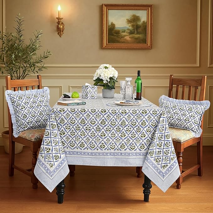 Ridhi Light Steel Blue Hand Block Print Cotton Rectangle Tablecloth 160" x 72" inches Reusable Table Cover Decorative Everyday Use for Dining Room, Farmhouse, Home Gift for Spring, Mother's Day