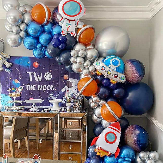 Outer Space Birthday Party Decorations 146Pcs Astronaut Balloon Arch Garland Kit, UFO Rocket Astronaut Foil Balloons, Navy Blue Metallic Silver Blue Balloons for Kids Boys Space Theme Party Decor