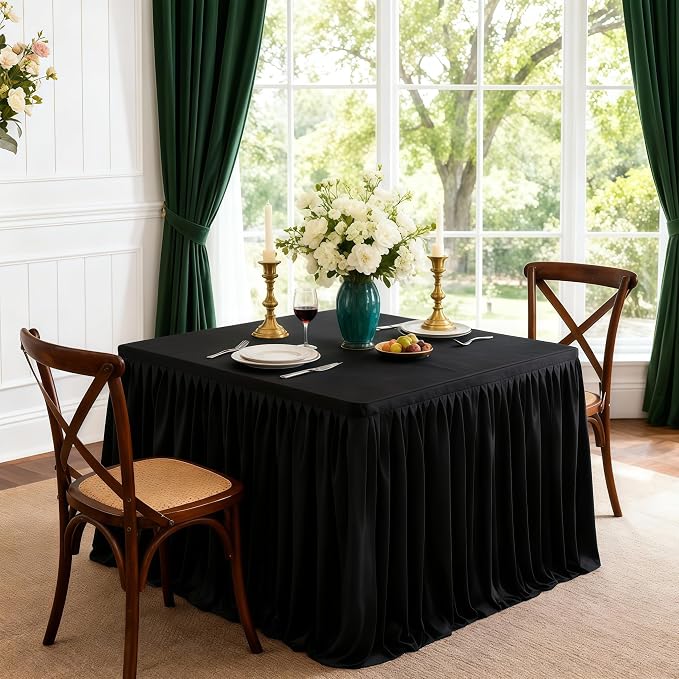 Wish Care 2 Pack Black Square Table Clothes for 34x34 Inch Tables, Polyester Fitted Tablecloths 2.8ft Stretch Table Cover for Wedding, Birthday, Parties, Trade Show, Craft Show