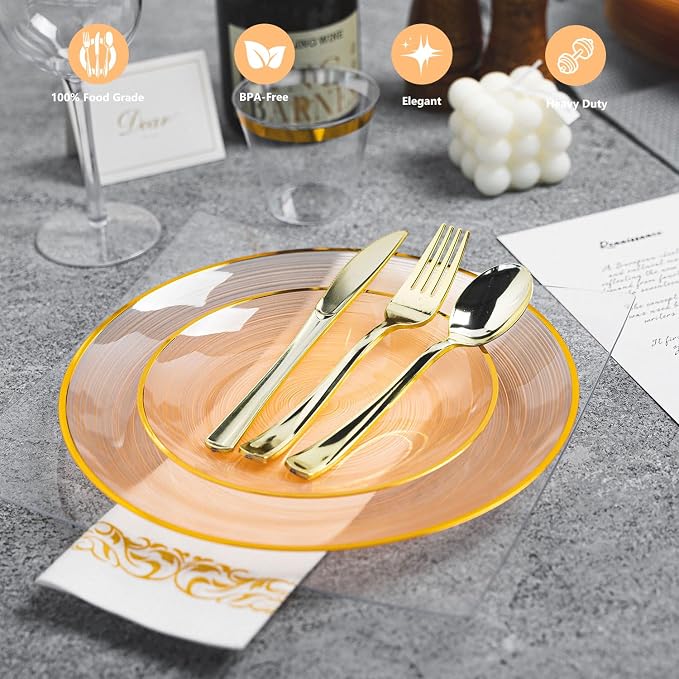 N9R 180PCS Orange Plastic Plates with Gold Trim, Disposable Party Dinnerware Set for 30 Guests, Include 30 Dinner and Salad Plates, Napkins, Forks, Spoons, Knives, Perfect for Wedding, Dinner Party