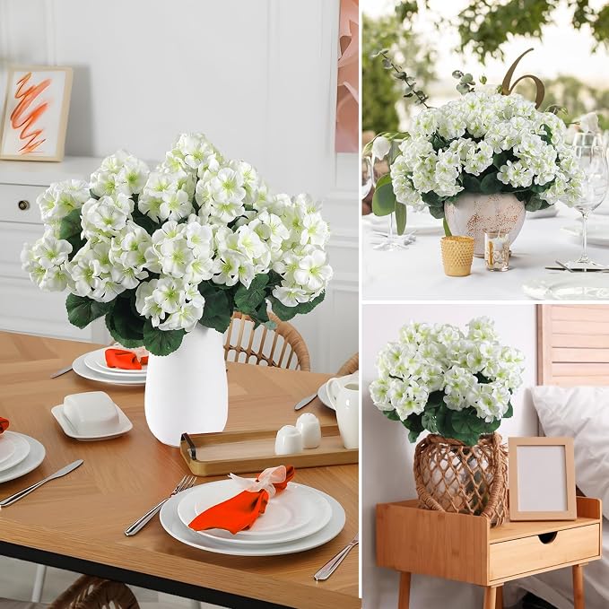 Hananona 12 Pcs Artificial Geranium Flowers for Outdoors Geranium White Silk Flowers Outdoor UV Resistant Garden Plants Faux Flowers for Home Kitchen Table Centerpieces Decor (12, White)