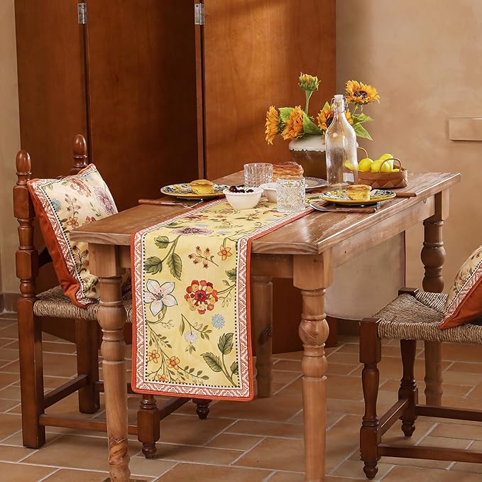 bilin gaier Linen Floral Yellow and Orange Table Runner 71 Inches Long,Wrinkle-Resistant Rustic Farmhouse Decor,Decor Luxury Vintage Runner Table Cloth for Coffee & Dining Table,12"x71"-Bellano