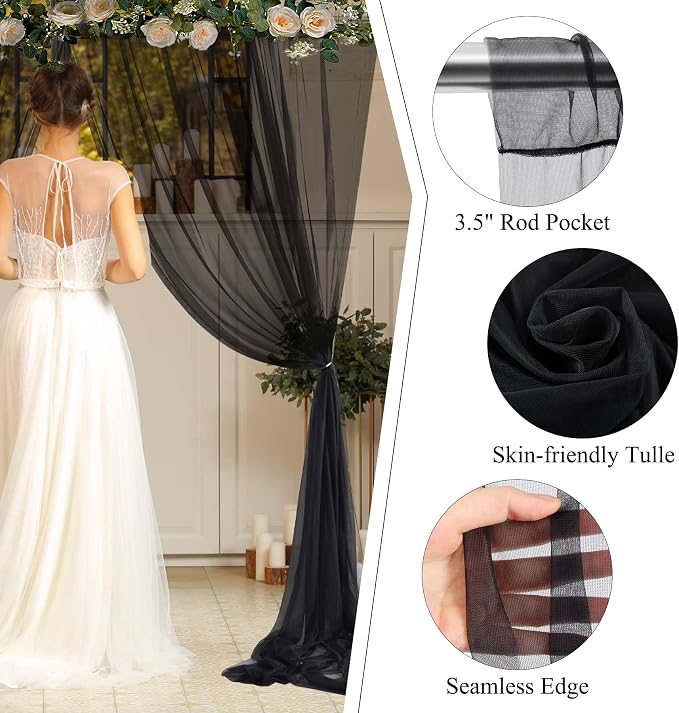 20ft X 10ft Black Tulle Backdrop Curtain for Parites, Sheer Backdrop Curtains Fabric Drapes for Wedding Ceremony Arch Party Stage Decorations