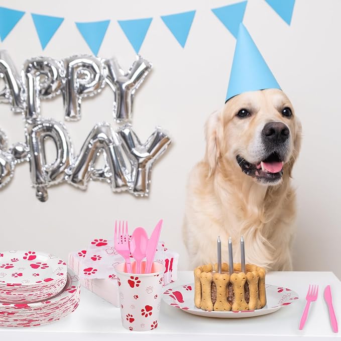 Kochorie 400 Pieces Pink Paw Disposable Party Tableware Sets Dog Puppy Supplies Including Plates Cups Napkins Cutlery Serves 50 for Birthday Puppy Theme Party Decorations