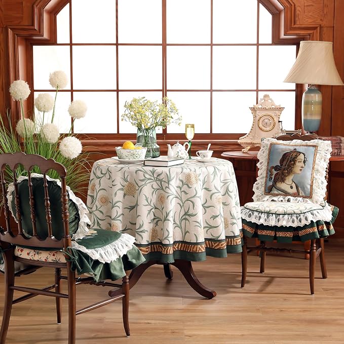 patdrea Vintage French Linen Tablecloth,Round,Diameter 55"-Botticelli | Elegant Table Cloth for Round Table,Sage Green Floral Vine Patterned,for Dining Room Tea Party Thanksgiving
