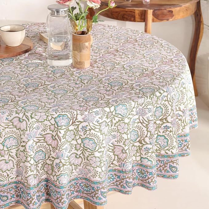 Hand Block Printed Tablecloth – Colorful Floral Print | 100% Cotton | Indian Artisan Handmade Art | Dining Room, Kitchen, Outdoor Décor, (Rosy Dawn Delight, 6 Seater 72 Inches Round)