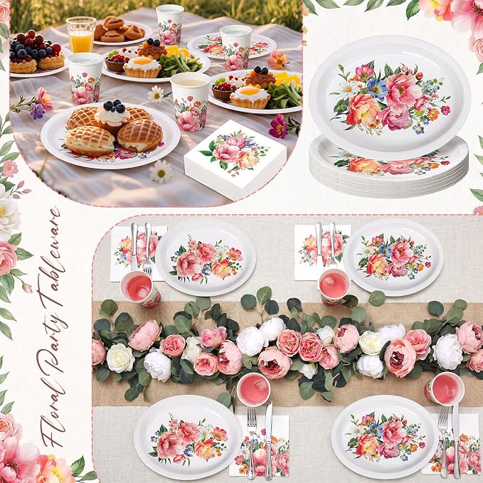Vesici 150 Pcs Floral Oval Paper Plate and Napkin Set 10'' x 12'' Large Wildflower Tableware Spring Flower Heavy Duty Disposable Plate Napkin Cup for Wedding Birthday Mother's Day Party Supplies Decor