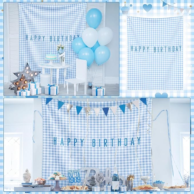 Flutesan 7x5ft Blue Gingham Happy Birthday Backdrop Large Banner Fabric Tapestry Birthday Party Decoration Baby Shower Linen Rustic Background Wall Photo Props Indoor Outdoor