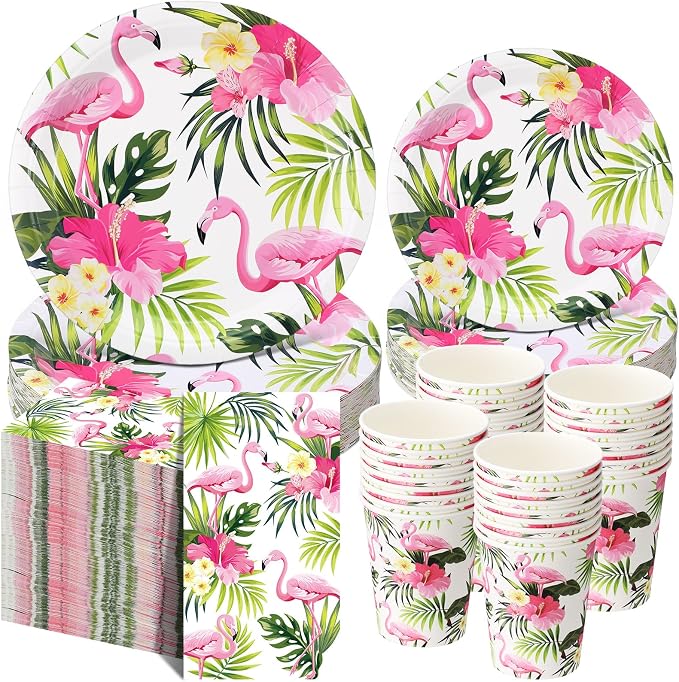 Funnymoom 250 Pcs Hawaiian Flamingo Party Decoration Luau Themed Paper Plates Napkins and Cups Tropical Hawaiian Tableware Set for Summer Pool Beach Birthday Retirement Party Supplies, Serves 50