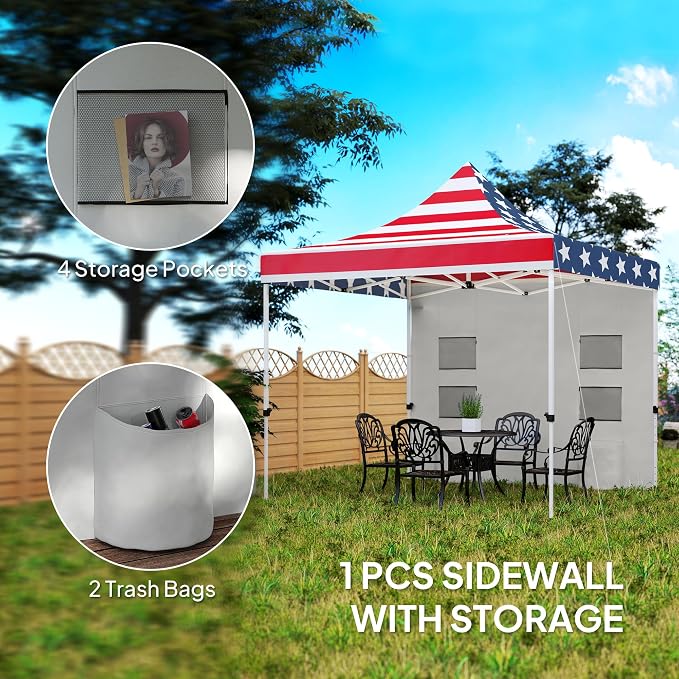 Outsunny 10' x 10' Heavy Duty Pop Up Canopy Tent with Sidewall and Trash Bags, UPF50+ Instant Sun Shelter, Height Adjustable, with Wheeled Bag, Sand Bags for Outdoor, Patio, American Flag Print
