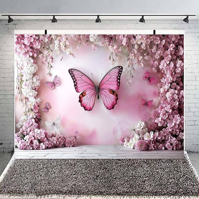 20x10ft Flower Butterfly Wall Backdrop Pink Floral Princess Girl Birthday Party Photography Background Photo Backdrop Art Wedding Banner Photo Studio Props