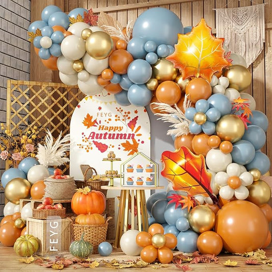 Fall Balloon Garland Arch Kit, Dusty Blue and Retro Orange Gold Confetti Balloons with Leaf Foil Balloons for Thanksgiving Party Autumn Fall Birthday Baby Shower Party Decorations