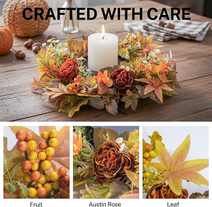 MOYEE Autumn Centerpieces for Tables Candle Ring, Black Metal Candlestick with an Artificial Wreaths 14 in Versatile Dining Table Centerpiece Decor (Austin Rose Wreath)