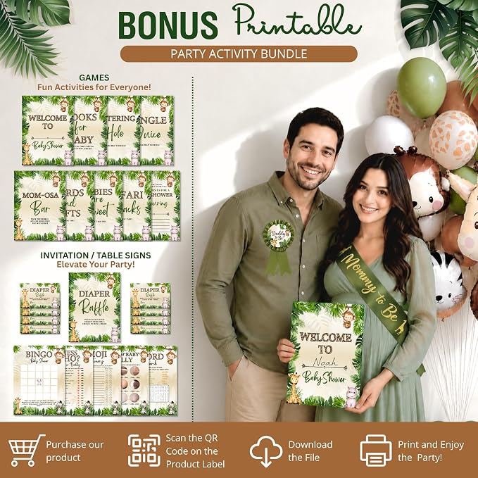 272 Pc Safari Baby Shower Decorations, Jungle Animal Party Set | Safari and woodland baby shower decorations; jungle and forest animal styles with backdrop, balloons, banner, sash
