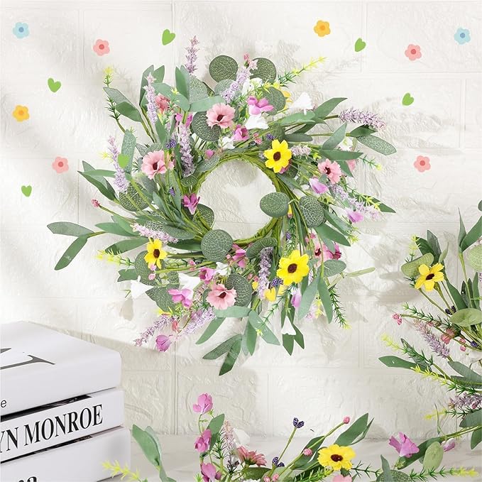 6 Pcs 9" Small Spring Wreath for Kitchen Cabinet Floral Wedding Candle Rings Wreaths Spring Summer Wildflower Wreath with Ribbon for Pillars Front Door Porch Wall Window Farmhouse Party Home Decor