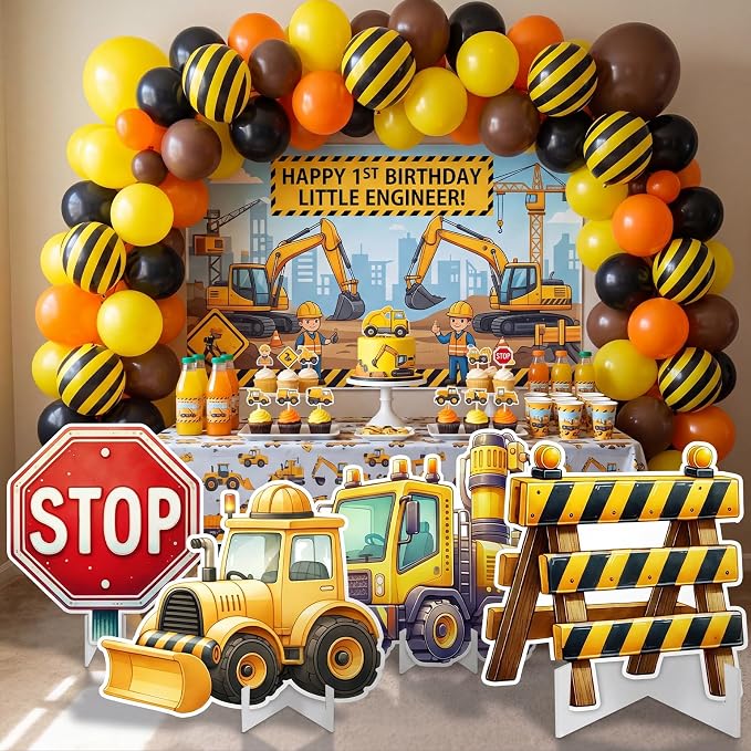 Honoson 4 Pcs Large 20" x 30" Construction Cardboard Cutouts, Construction Truck Themed Birthday Party Decoration Backdrop Yard Signs Warning Sign for Party Supplies Lawn Garden Classroom Decor