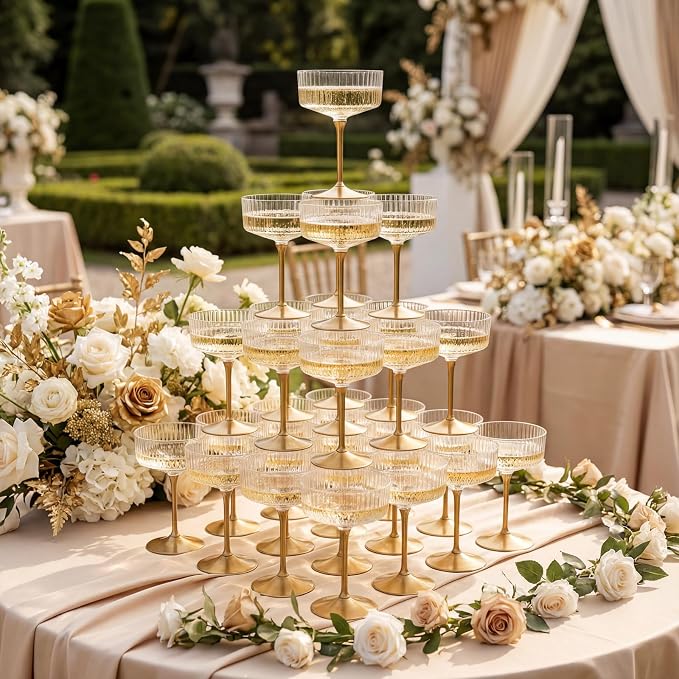 LIYH 20pcs Plastic Martini Glasses Disposable 10 Oz Clear and Gold Plastic Cups Coupe Glasses Cocktail Champagne Tower Perfect for Any Party, Bar, Beverage