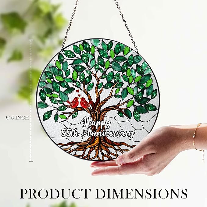 55th Wedding Anniversary Stained Glass Suncatcher, 6x6' Anniversary Decorations, 55th Celebration Marriage Gifts for Parents, Couple, Wife & Husband, 55 Wedding Milestone Keepsake