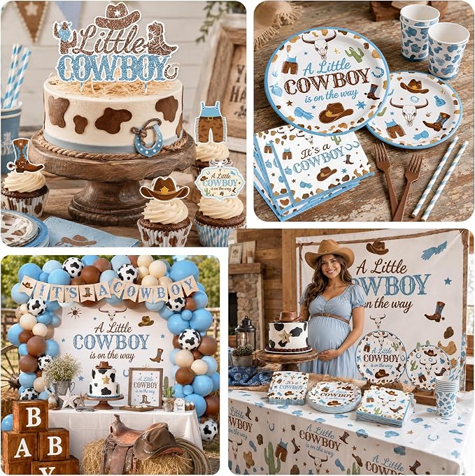 Cowboy Baby Shower Decorations for Boy, All-in-1 Retro Western Baby Shower Decorations with Balloon Arch Baby Boxes Plates Napkins Cake Toppers Tablecloth Backdrop Banner for Cowboy Rodeo Baby Shower