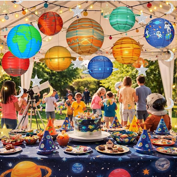 Baquler 32 Pcs Space Ceiling Decoration for Classroom Solar System Paper Lanterns Galaxy Star Moon Hanging Ornament 30 ft LED String Lights Hook Rope for Back to School Kid Party VBS Decor